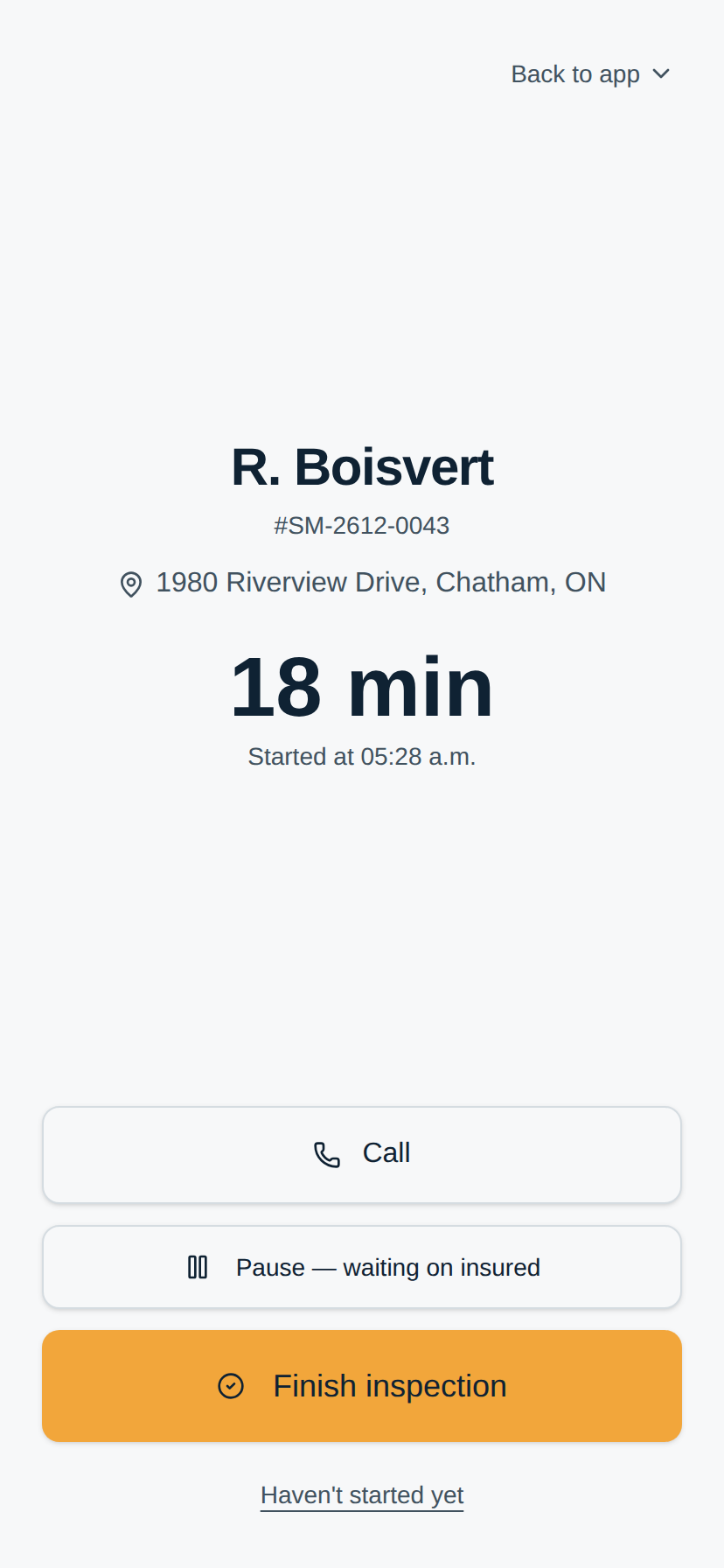A running inspection, with elapsed time and one button to finish