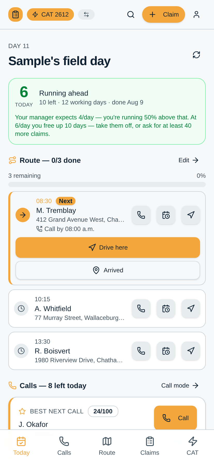 The day's route and call list on a phone